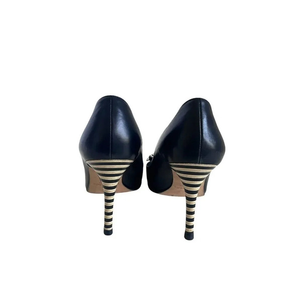 Kate Spade Black Leather Patent Cap with Stripe Heels Pumps With Bows 8.… - Picture 6 of 9